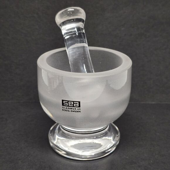 Vintage Sea Glasbruk Crystal Mortar and Pestle Kosta Sweden Clear Frosted Glass - Picture 1 of 11